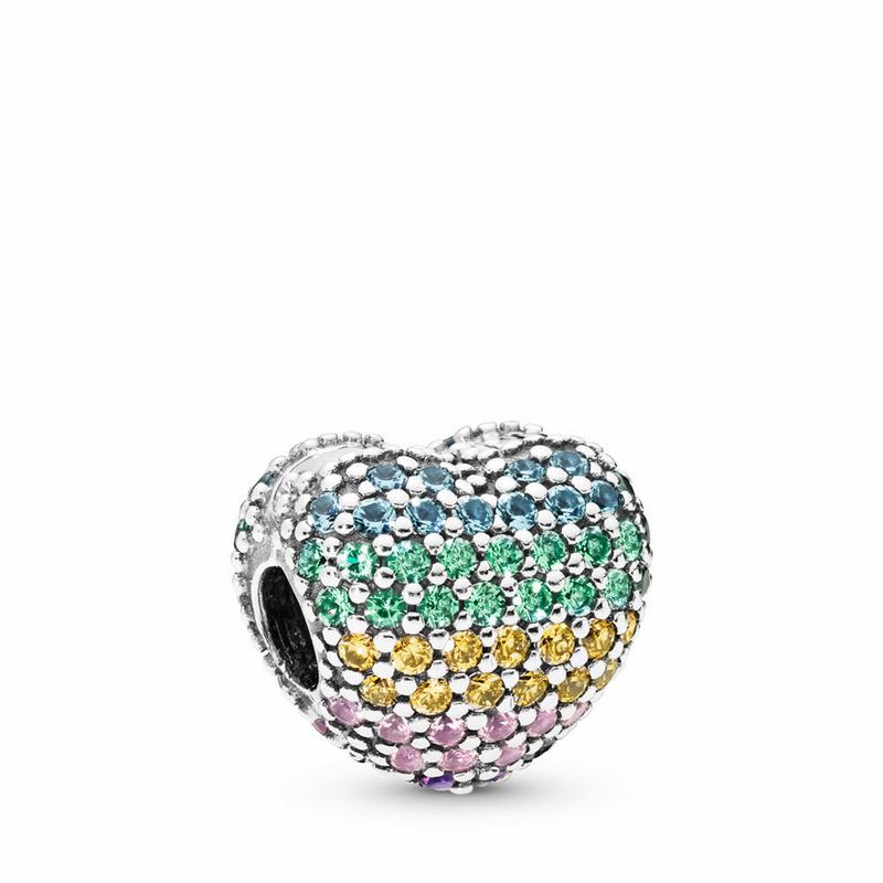 Pandora Open My Heart Pavé Clip Charm Ireland - Sterling Silver/Blue/Mixed Stones/Cubic Zirconia - 9